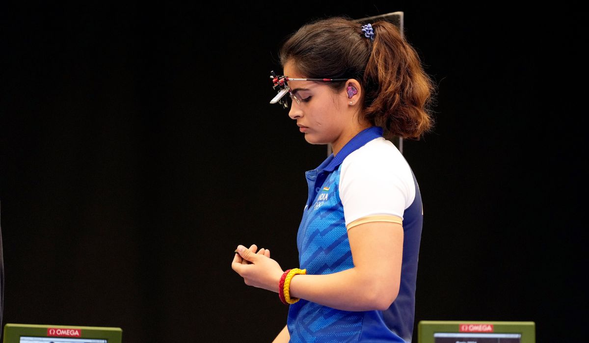 Manu Bhaker during the 25m Pistol Womens Final event at the 2024 Summer Olympics